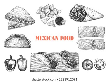 La comida mexicana. Menú. Ilustración a mano de platos y productos. Tinta. Vector 