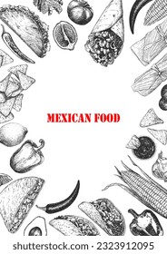 Mexican Food. Menu. Hand-drawn illustration of dishes and products. Ink. Vector 