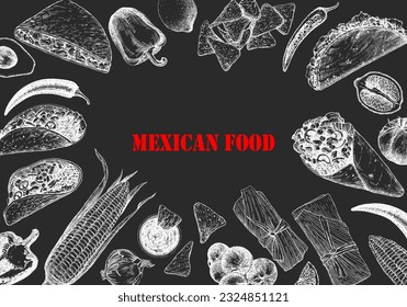 Mexican Food. Menu. Hand-drawn illustration of dishes and products. Ink. Vector 