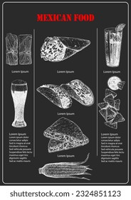 Mexican Food. Menu. Hand-drawn illustration of dishes and products. Ink. Vector 