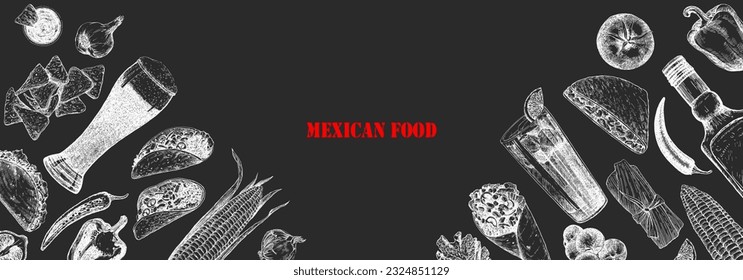 Mexican Food. Menu. Hand-drawn illustration of dishes and products. Ink. Vector 