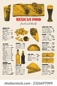 Mexican Food. Menu. Hand-drawn illustration of dishes and products. Ink. Vector 