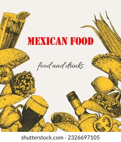 Mexican Food. Menu. Hand-drawn illustration of dishes and products. Ink. Vector 