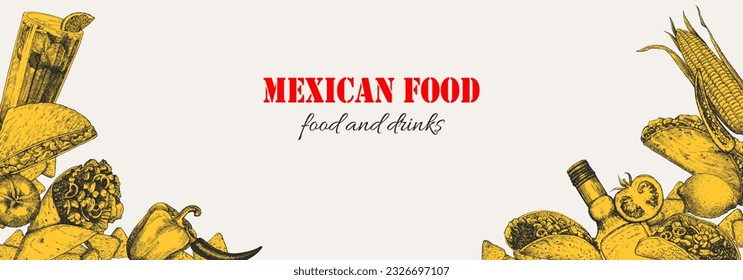 Mexican Food. Menu. Hand-drawn illustration of dishes and products. Ink. Vector 