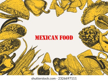 Mexican Food. Menu. Hand-drawn illustration of dishes and products. Ink. Vector 