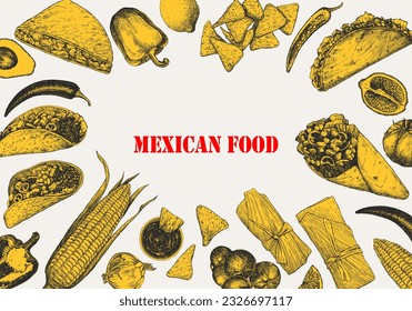 Mexican Food. Menu. Hand-drawn illustration of dishes and products. Ink. Vector 