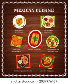Mexican food menu, Mexico cuisine dishes and salsa for tacos and burritos, vector. Mexican cuisine restaurant menu of traditional food meals, meat stew, fried chicken chimichanga and sweet buns svg