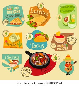 Mexican Food Menu Mini Labels Set with Traditional Spicy Meal. Vector Illustration.