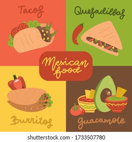 Mexican Food Menu Mini Posters Set With Traditional Spicy Meal. Vector Flat Hand Drawn Illustration Of Taco, Quesadilla, Guacamaleand Burrito