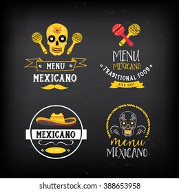 Mexican food menu restaurant badges. Food design icons with hand-drawing elements. Graphic labels for restaurant template.