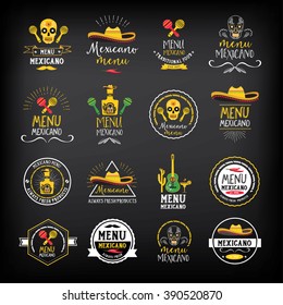 Mexican food menu restaurant badges. Food design icons with hand-drawing elements. Graphic labels for restaurant template.