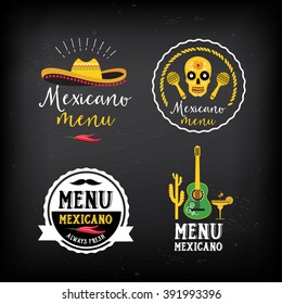 Mexican food menu restaurant badges. Food design icons with hand-drawing elements. Graphic labels for restaurant template.