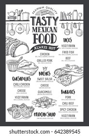 Mexican food menu for restaurant and cafe. Design template with hand-drawn graphic elements in doodle style.