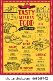 Mexican food menu for restaurant and cafe. Design template with hand-drawn graphic elements in doodle style.