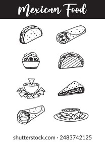 Ilustración del conjunto del menú de comida mexicana en blanco