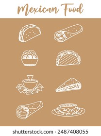 Ilustración de conjunto de menú de comida mexicana en beige