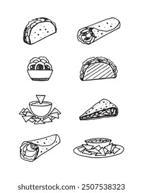 Mexican food menu set linear illustration on white