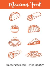 Conjunto de menú de comida mexicana color naranja ilustración lineal