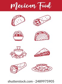 Conjunto de menú de comida mexicana color rojo ilustración lineal