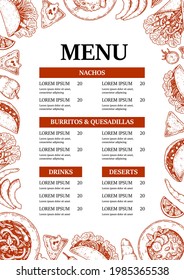 Mexican food menu template with hand drawn elements. Vector illustration in sketch style