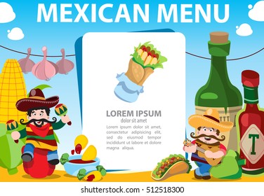 Mexican food. Menu template for restaurant or cafe with Mexican dishes.