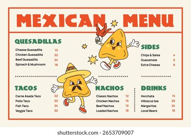 Modelo de menu de comida mexicana. Cozinha tradicional latino-americana, fast food cafe pratos, bebidas e snacks list design, bonitos desenhos animados nachos e tacos personagem em sombrero garish vetor conceito