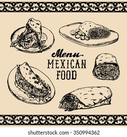 Mexican food menu in vector. Burritos, nachos, tacos illustrations. Vintage hand drawn american quick meals collection. Hipster snack bar, fast-food restaurant icons.