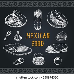 Mexican food menu in vector. Burritos, nachos, tacos illustrations. Vintage hand drawn american quick meals collection. Hipster snack bar, fast-food restaurant icons.