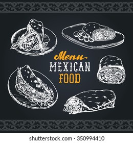 Mexican food menu in vector. Burritos, nachos, tacos illustrations. Vintage hand drawn american quick meals collection. Hipster snack bar, fast-food restaurant icons.