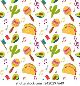 Mexican food music, background with Mexican motifs, traditions and Mexican food. Mexican pattern, seamless avocado pattern, maracas, cactus, flag, and tacos.