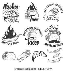 Mexican food. Nachos, burrito, taco illustrations. Design elements for logo, emblem, label, sign. Vector illustration.