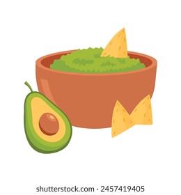 Mexican food. Nachos and guacamole in bowl vector Illustration