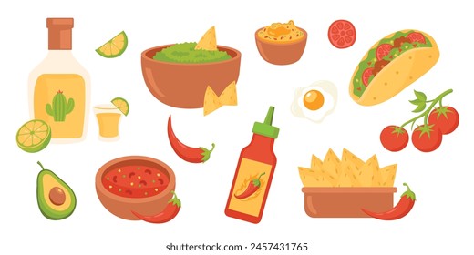 Mexican food. Nachos, guacamole, chili pepper, tomato, avocado, egg, burrito, salsa, guacamole sauce. Vector illustration