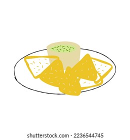 Mexican food nachos with guacamole illustration isolated on white background