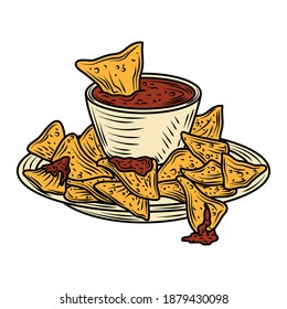 mexican food nachos with hot sauce in dish traditional vintage engraved color vector illustration