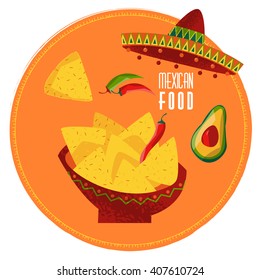 Mexican food. Nachos, jalapeno pepper and avocado. Vector illustration