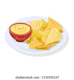 Mexican food. Nachos on a white plate and bowl with cheese sauce. Vector illustration. Isolated on a white background.