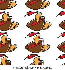 Mexican food nachos traditional hot chili sauce and crispy chips seamless pattern vector salsa bowl with spicy dip pepper vegetable travel to Mexico endless texture cooking or culinary wallpaper print