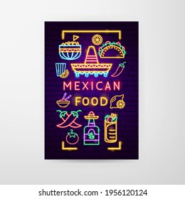 Mexican Food Neon Flyer. Vector Illustration of Tool Promotion.