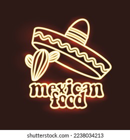 Logo de estilo neón culinario mexicano. Signo de neón, plantilla de diseño con prueba retro, sombrero y cactus. Pancarta brillante brillante brillante brillante, publicidad de vida nocturna, cartel de neón. Ilustración vectorial.