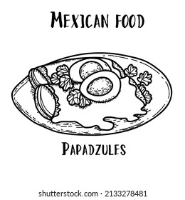 Mexican food Papadzules. Hand drawn black and white vector illustration in doodle style.