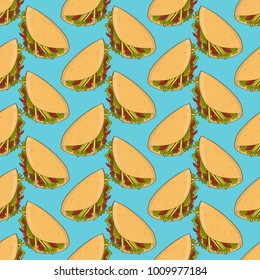 Mexican food pattern. Tacos on a blue background