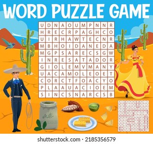 Mexican Food, People And National Costumes, Word Search Puzzle Game, Vector Worksheet. Search Word Grid Puzzle To Find Words Of Mexican Matador, Cocoa Bean And Dancer With Nachos And Guacamole