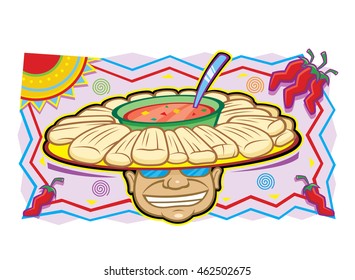 Mexican food, plate with tamales, worn as a hat by a man, stylized vector illustration.