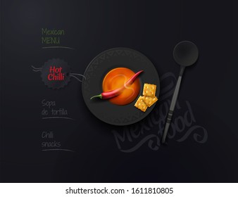 Mexican food. Plate of mexican tomato soup with snacks. Red pepper in a bowl of soup. Mexican cuisine. Vector illustration of a top view.