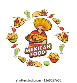 Mexican food. Popular Mexican food, fast food. Funny Mexican in a poncho and sombrero. Vector illustration.