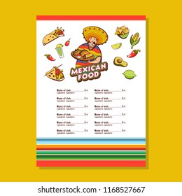Mexican food. Popular Mexican food, fast food. Funny Mexican in a poncho and sombrero. Vector illustration. The layout of the menu of the Mexican restaurant.
