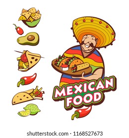 Mexican food. Popular Mexican food, fast food. Funny Mexican in a poncho and sombrero. Vector illustration.