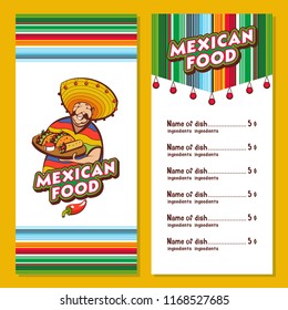 Mexican food. Popular Mexican food, fast food. Funny Mexican in a poncho and sombrero. Vector illustration. The layout of the menu of the Mexican restaurant.
