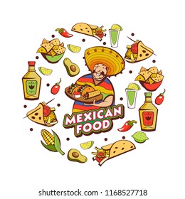 Mexican food. Popular Mexican food, fast food. Funny Mexican in a poncho and sombrero. Vector illustration.